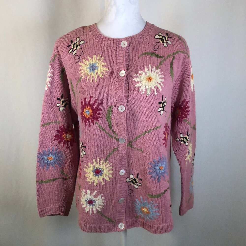 Talbots Hand-Knit Floral & Bee Cardigan — Rare Collectible (Size L) - Picture 6 of 9